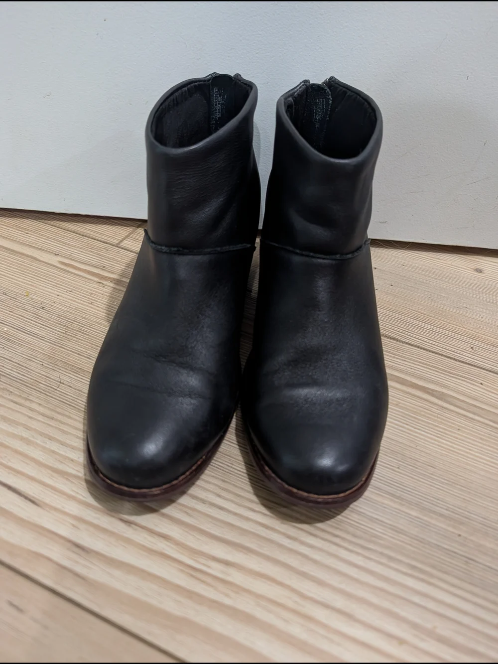 Toms Black Leather Ankle Booties with Brown Block Heel